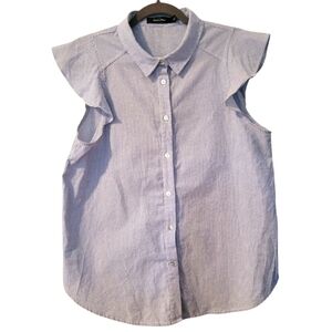 Doe & Rae Cotton Blue White Fine Striped Ruffle Sleeves Button-up Blouse Top L